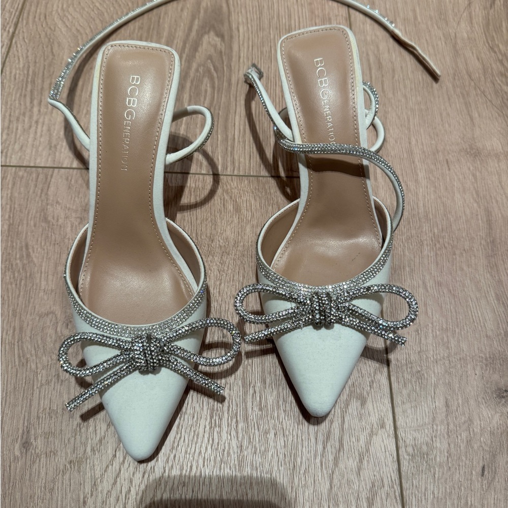 BCBGeneration White and Silver Slingback Heels with Bow Detail